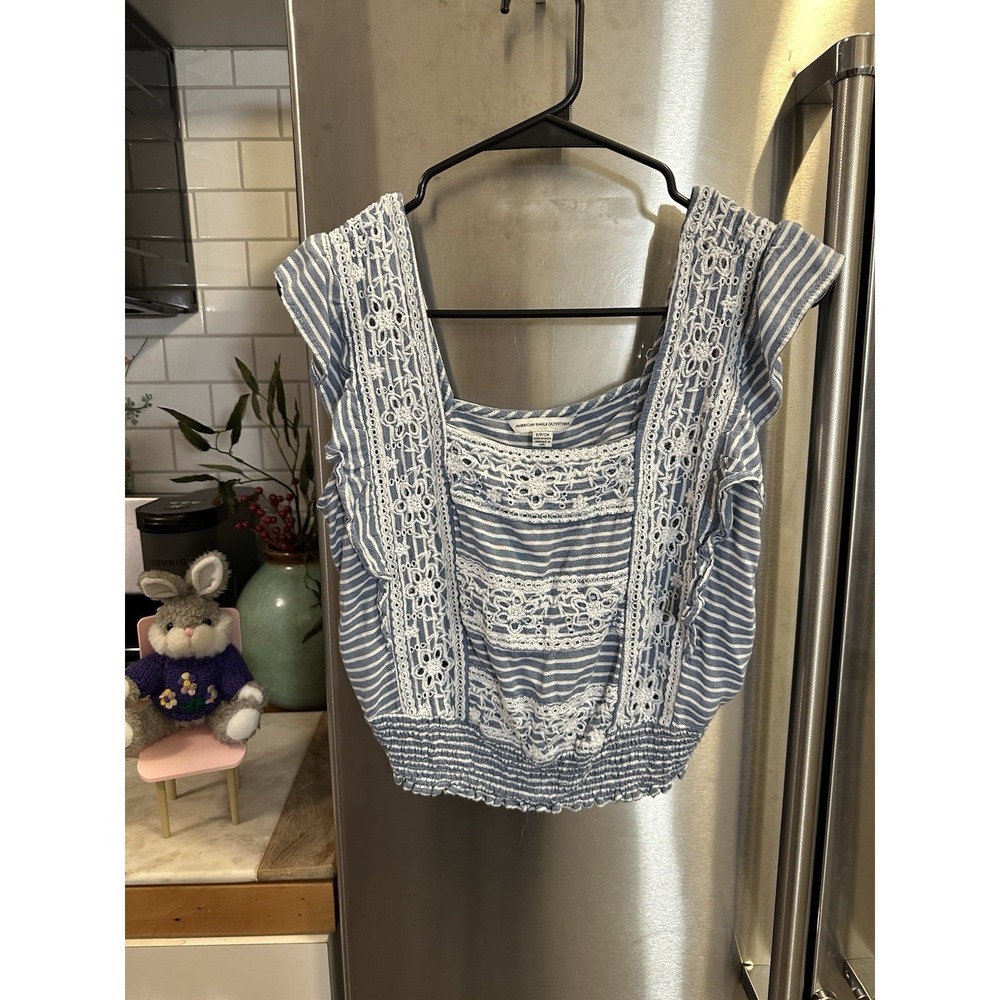 American Eagle Crochet Milk Maid Square‎ Neck Coastal Top SzS Boho, Beach